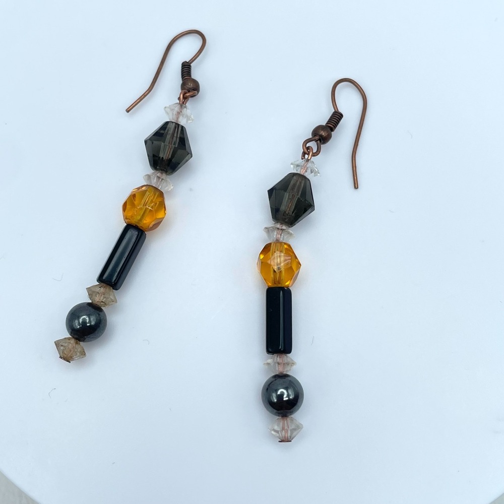 Vintage 90s Beaded Bronze-tone Drop Earrings Boho Retro Women's Classic Jewelry